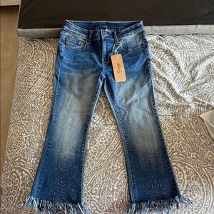 Stylish Blue Flare Jeans with Fringe Hem